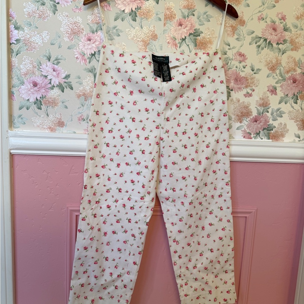 Capri High-Rise Floral Skinny Pants - White with Pink Rose Print